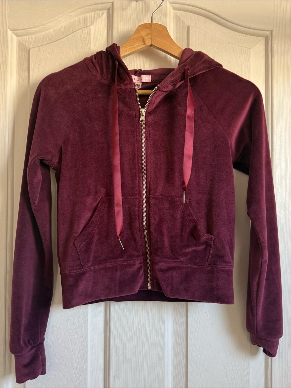 Velvet Zip-Up Hoodie in Burgundy - Size XS